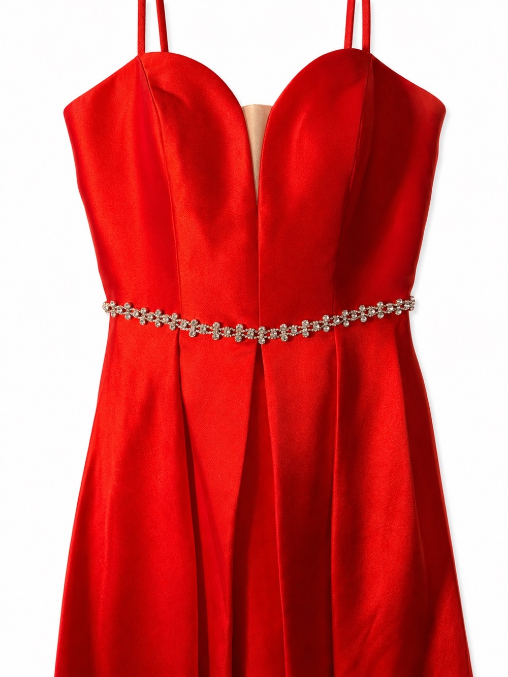 Faviana Red Satin Sweetheart Neckline Gown with Rhinestone Belt